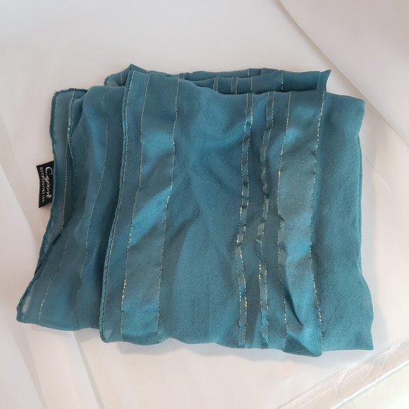 VTG Cejon Scarf, Silk, Teal, Blue, Gold Thread, Rectangular 56.5" x 13" - Picture 8 of 8